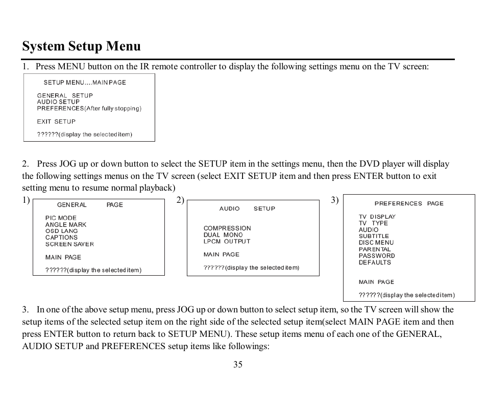 System setup menu | Hyundai H-CMD7070 User Manual | Page 35 / 85