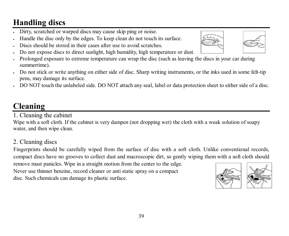 Handling discs, Cleaning, Cleaning the cabinet | Cleaning discs | Hyundai H-CMD7070 User Manual | Page 39 / 85