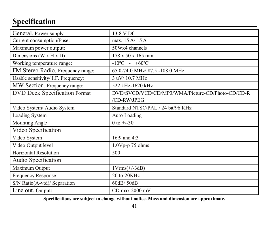 Specification | Hyundai H-CMD7070 User Manual | Page 41 / 85