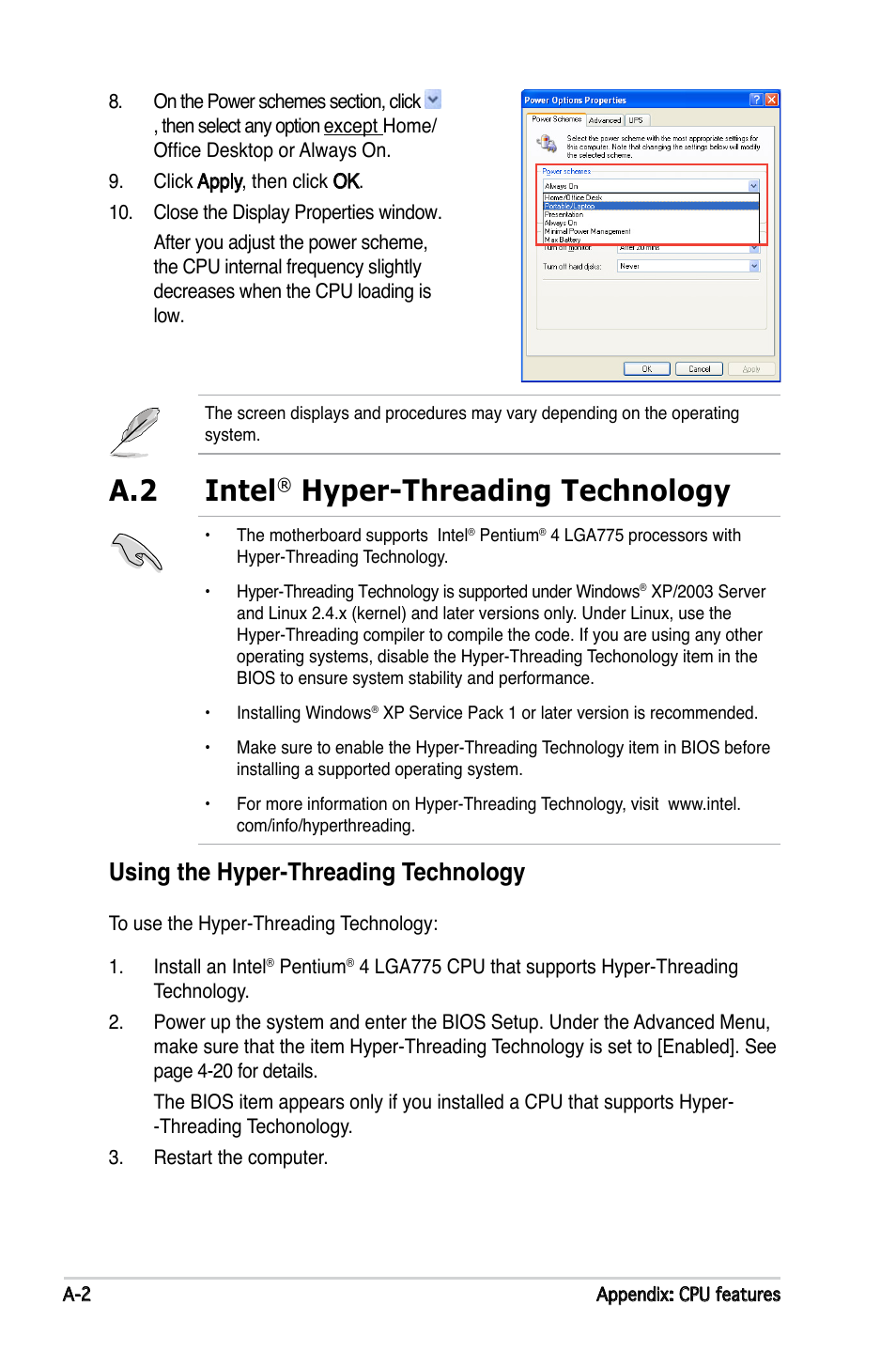 A.2 intel, Hyper-threading technology, Using.the.hyper-threading.technology | Asus P5LD2-X/1333 User Manual | Page 110 / 110