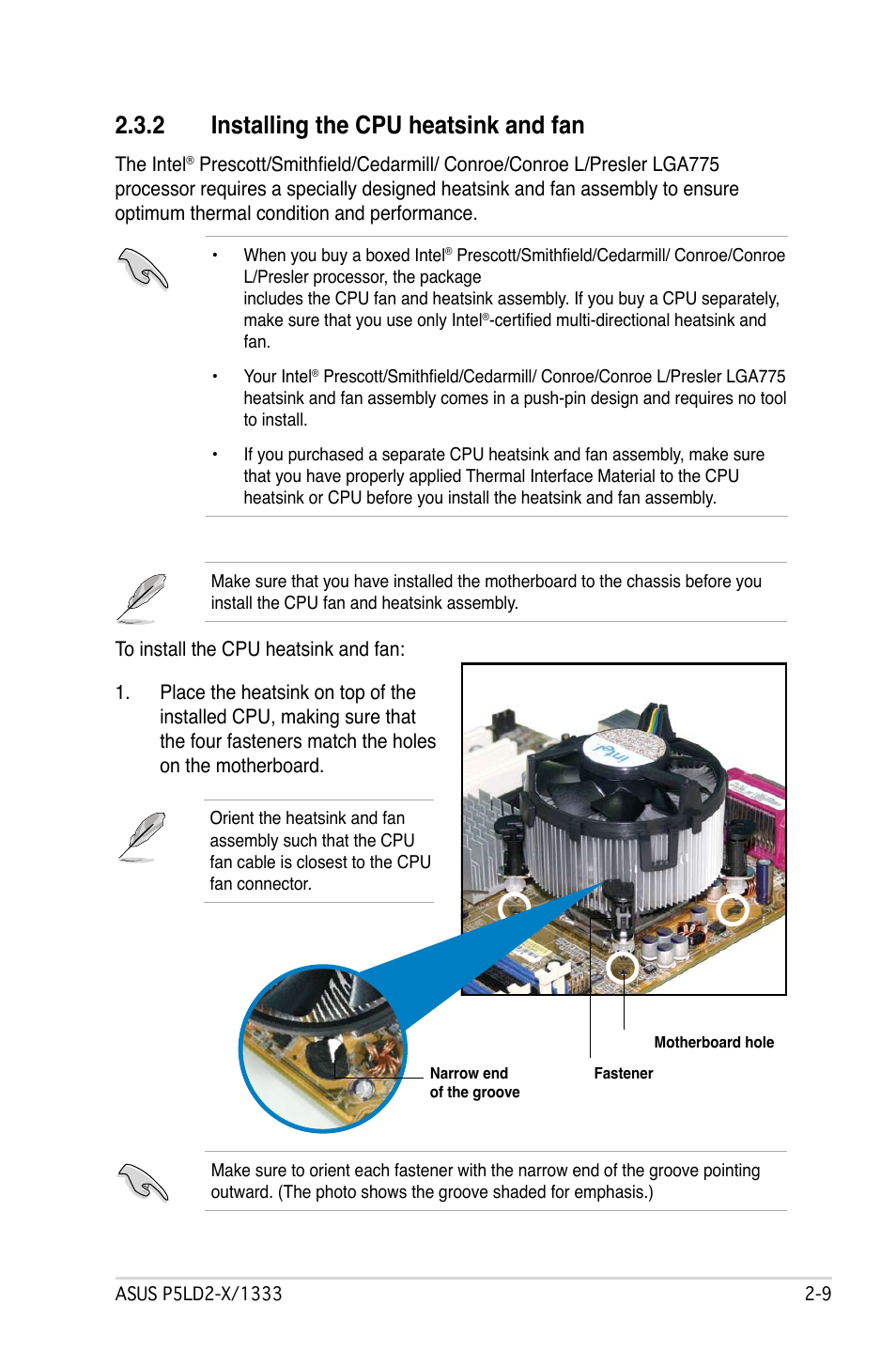 Installing.the.cpu.heatsink.and.fan | Asus P5LD2-X/1333 User Manual | Page 31 / 110