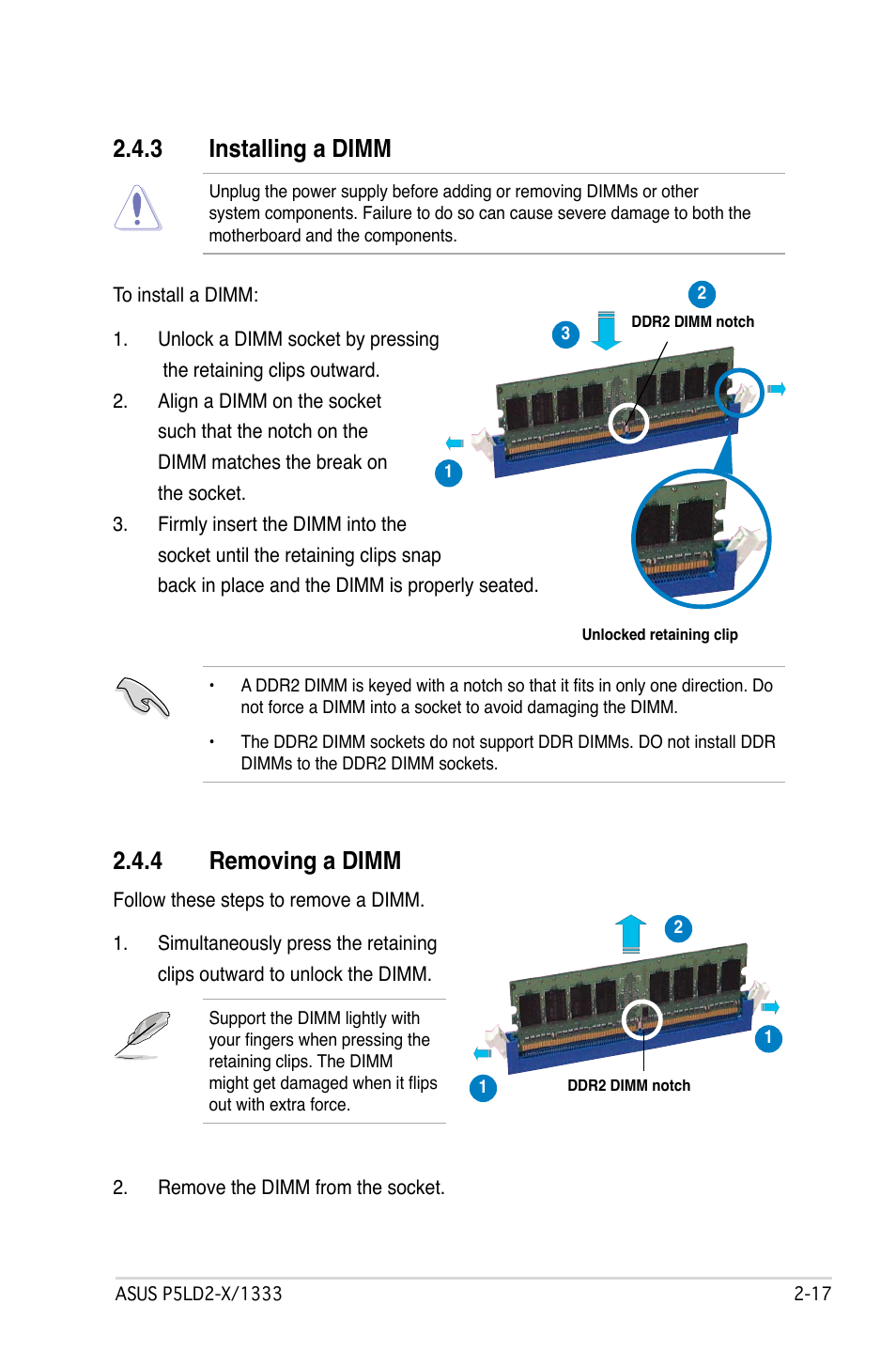 Installing.a.dimm, Removing.a.dimm | Asus P5LD2-X/1333 User Manual | Page 39 / 110