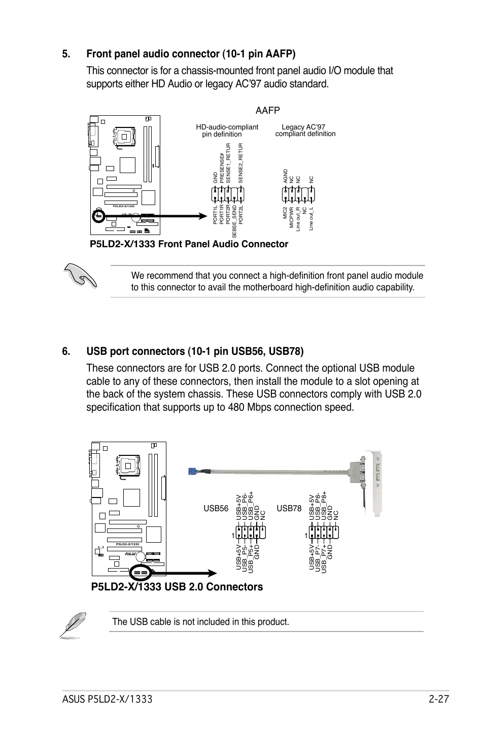 The usb cable is not included in this product, Aafp, Usb78 | Usb56 | Asus P5LD2-X/1333 User Manual | Page 49 / 110