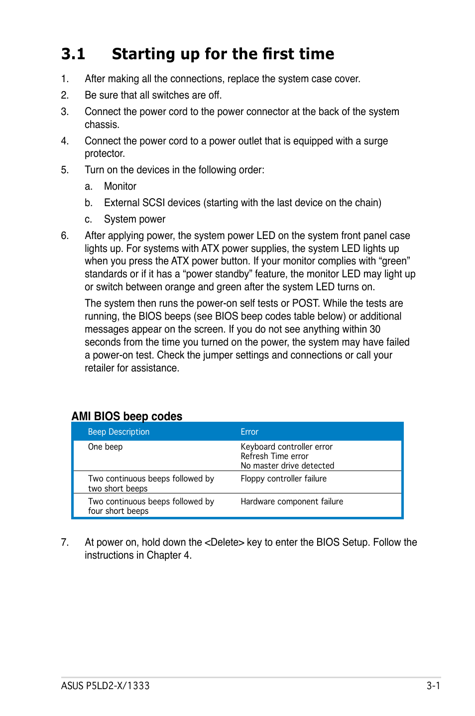 1 starting up for the first time, Ami.bios.beep.codes | Asus P5LD2-X/1333 User Manual | Page 55 / 110