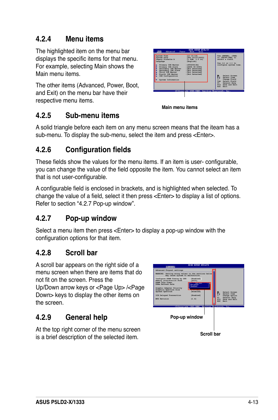 Menu.items, Sub-menu.items, 6 configuration fields | Pop-up.window, Scroll.bar, General.help | Asus P5LD2-X/1333 User Manual | Page 71 / 110