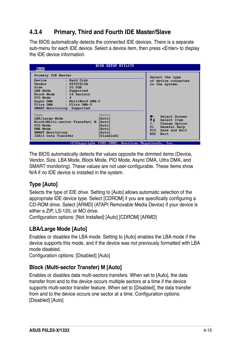 Primary,.third.and.fourth.ide.master/slave, Type.[auto, Lba/large.mode.[auto | Block.(multi-sector.transfer).m.[auto | Asus P5LD2-X/1333 User Manual | Page 73 / 110