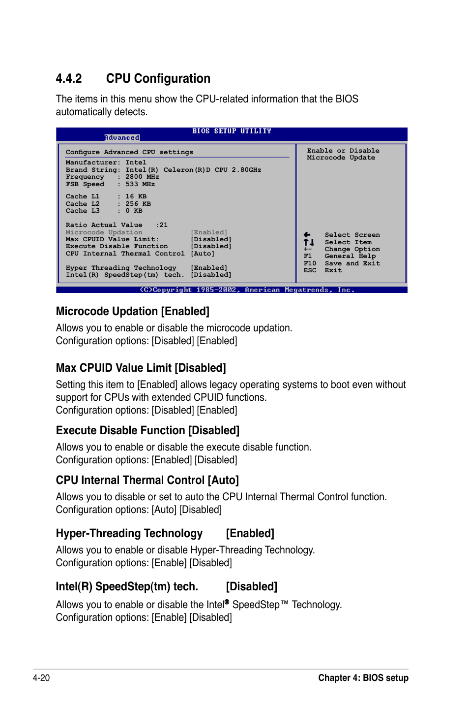 2 cpu configuration, Microcode.updation.[enabled, Max cpuid value limit [disabled | Execute.disable.function.[disabled, Cpu.internal.thermal.control.[auto, Hyper-threading.technology. [enabled, Intel(r).speedstep(tm).tech.. [disabled | Asus P5LD2-X/1333 User Manual | Page 78 / 110