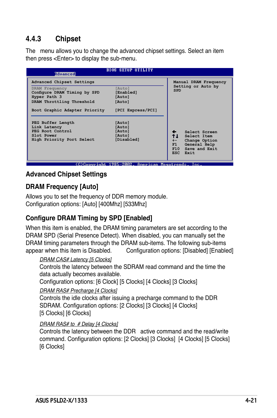 Chipset, Advanced.chipset.settings dram.frequency.[auto, Configure dram timing by spd [enabled | Asus P5LD2-X/1333 User Manual | Page 79 / 110