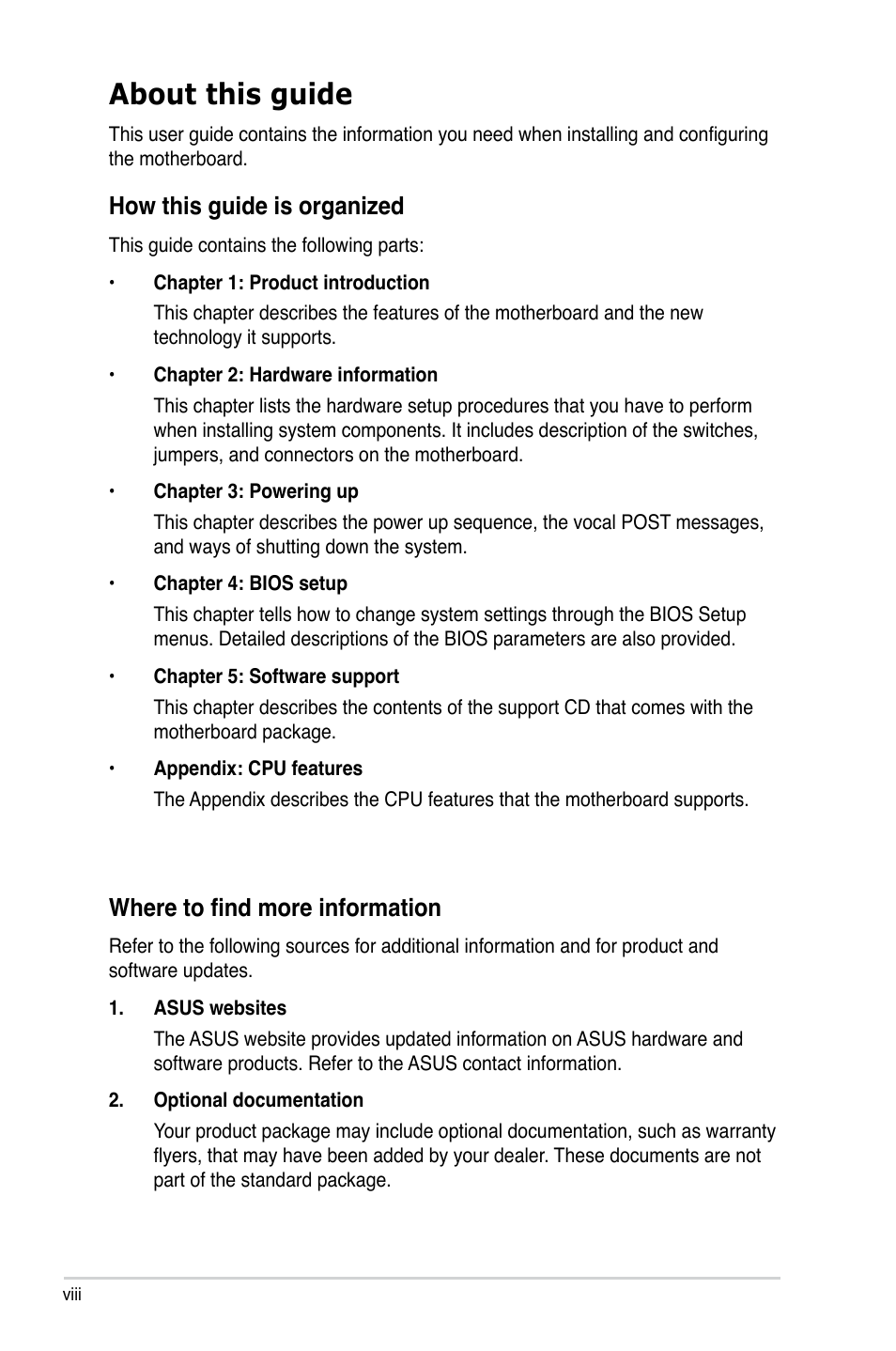 About this guide, Where to find more information | Asus P5LD2-X/1333 User Manual | Page 8 / 110