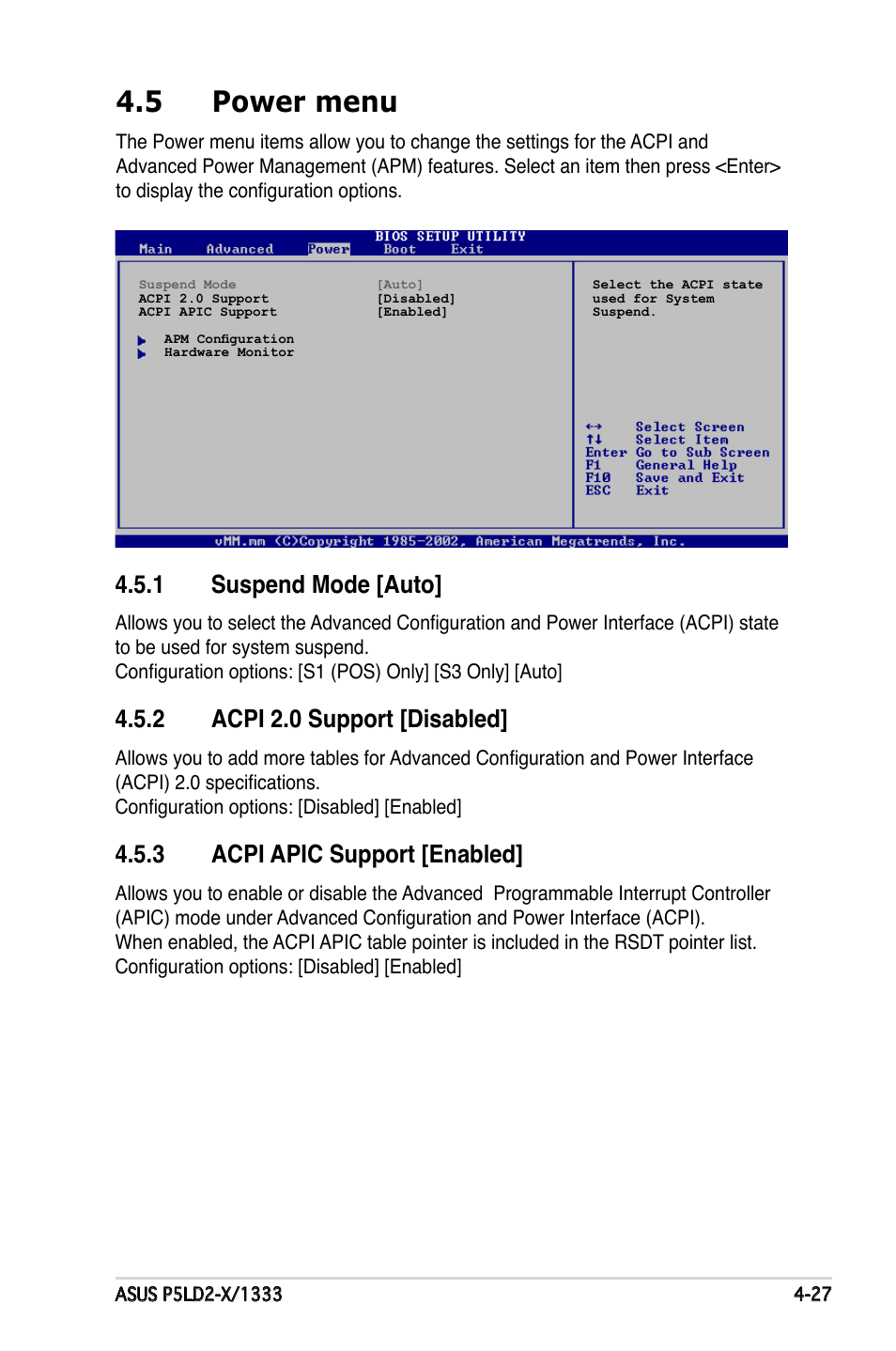 5 power menu, Suspend.mode.[auto, Acpi.2.0.support.[disabled | Acpi.apic.support.[enabled | Asus P5LD2-X/1333 User Manual | Page 85 / 110