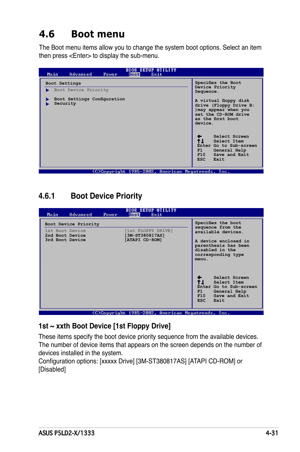 6 boot menu, Boot.device.priority, 1st.~.xxth.boot.device.[1st.floppy.drive | Asus P5LD2-X/1333 User Manual | Page 89 / 110