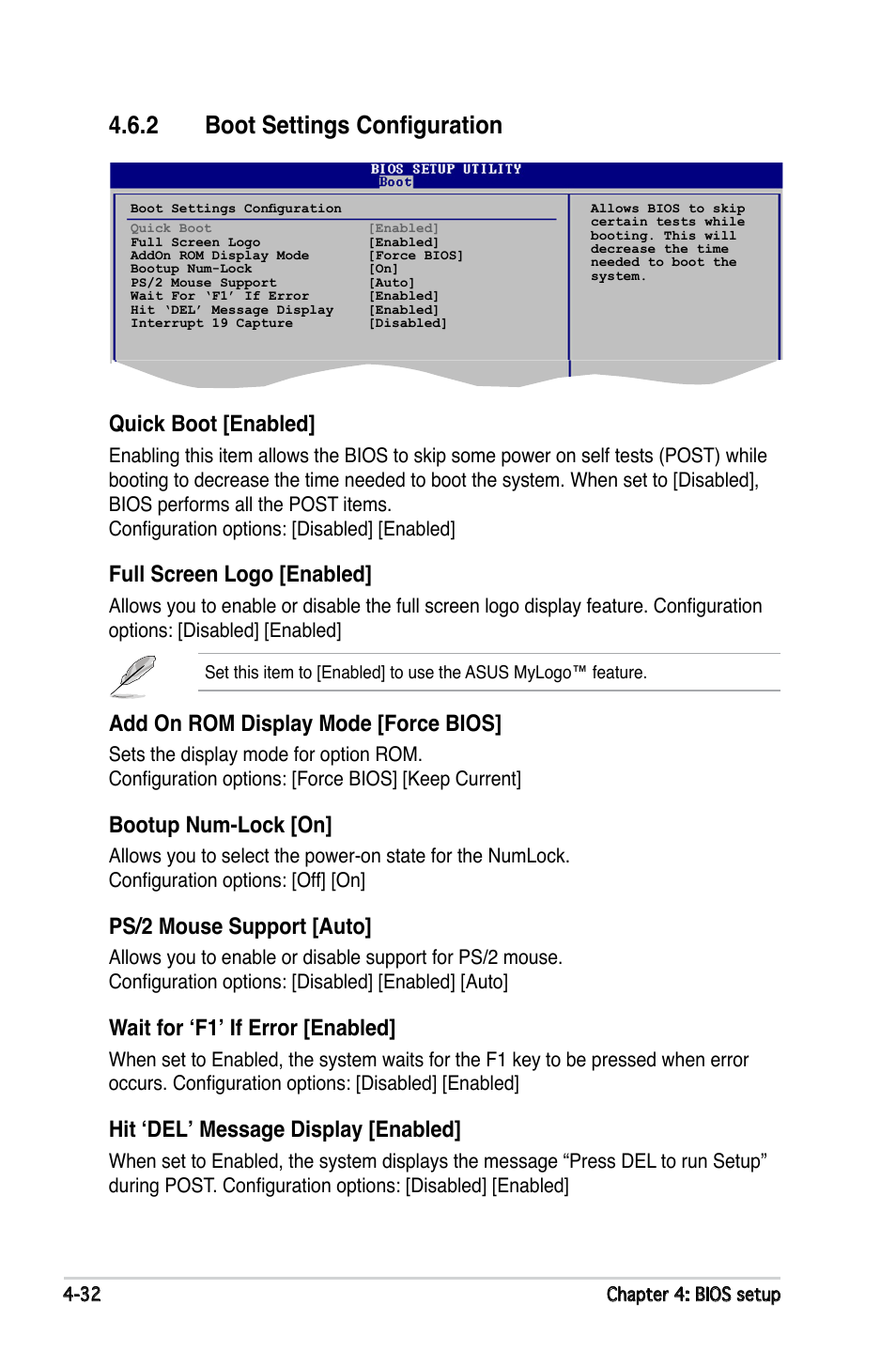 2 boot settings configuration, Quick.boot.[enabled, Full.screen.logo.[enabled | Add.on.rom.display.mode.[force.bios, Bootup.num-lock.[on, Ps/2.mouse.support.[auto, Wait.for.‘f1’.if.error.[enabled, Hit.‘del’.message.display.[enabled | Asus P5LD2-X/1333 User Manual | Page 90 / 110
