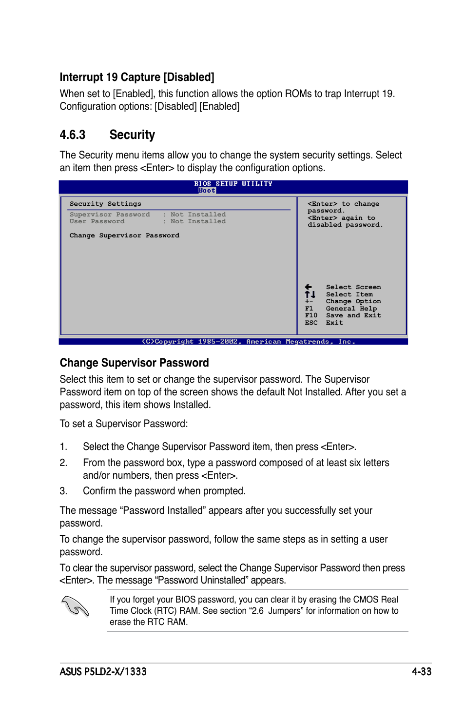 Security, Interrupt.19.capture.[disabled, Change.supervisor.password | Asus P5LD2-X/1333 User Manual | Page 91 / 110