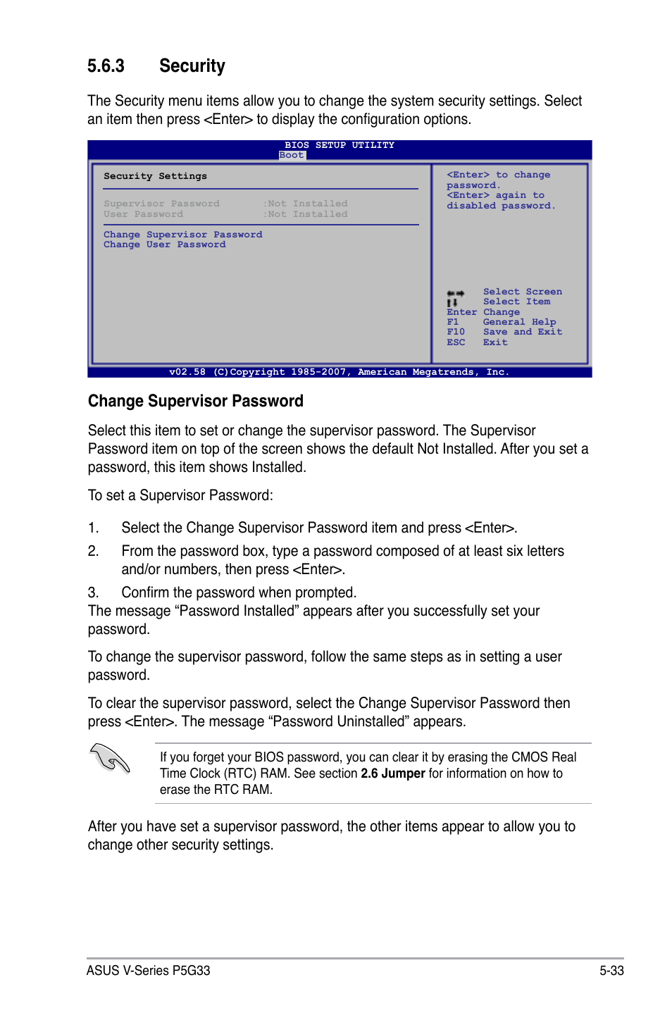 3 security, Change supervisor password | Asus V3-P5G33 User Manual | Page 102 / 106