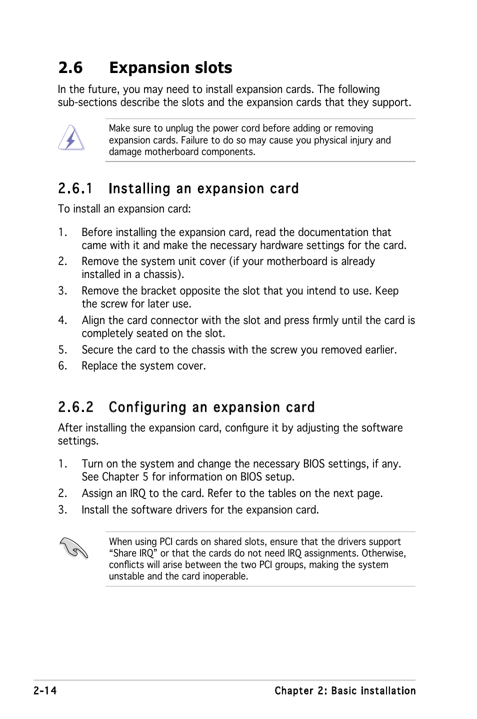 6 expansion slots, 1 installing an expansion card, 2 configuring an expansion card | Asus V3-P5G33 User Manual | Page 32 / 106