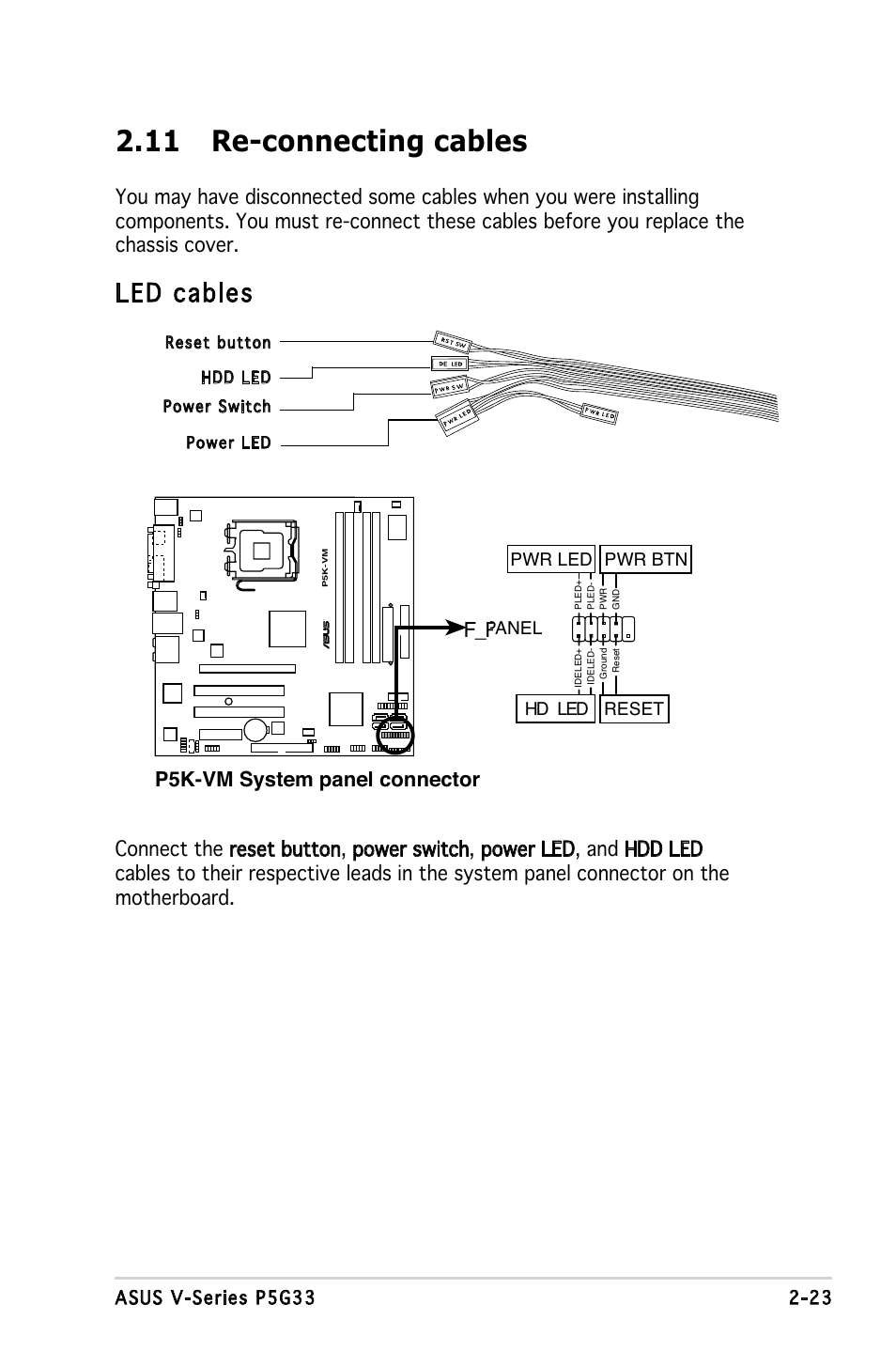 11 re-connecting cables, Led cables, P5k-vm system panel connector | F_panel, Reset, Pwrsw, Pled speaker, System panel connector, Ide_led, Hd led reset pwr led pwr btn | Asus V3-P5G33 User Manual | Page 41 / 106