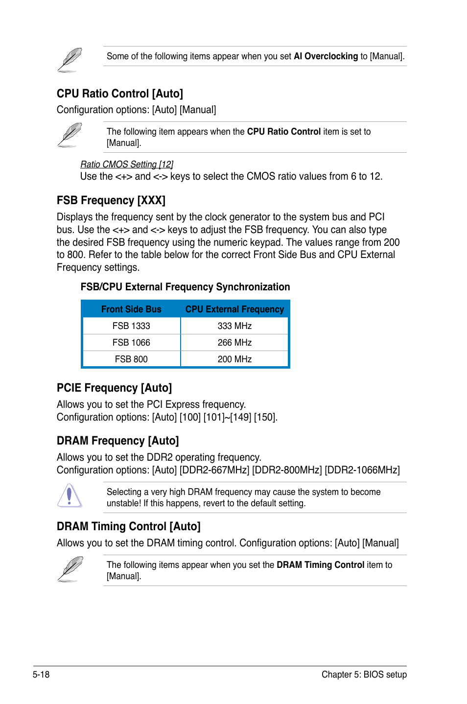 Cpu ratio control [auto, Fsb frequency [xxx, Pcie frequency [auto | Dram frequency [auto, Dram timing control [auto | Asus V3-P5G33 User Manual | Page 87 / 106