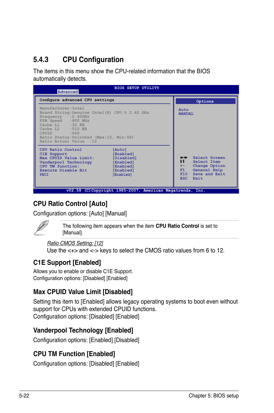 3 cpu configuration, Cpu ratio control [auto, C1e support [enabled | Max cpuid value limit [disabled, Vanderpool technology [enabled, Cpu tm function [enabled, Configuration options: [auto] [manual, Configuration options: [enabled] [disabled, Configuration options: [disabled] [enabled | Asus V3-P5G33 User Manual | Page 91 / 106