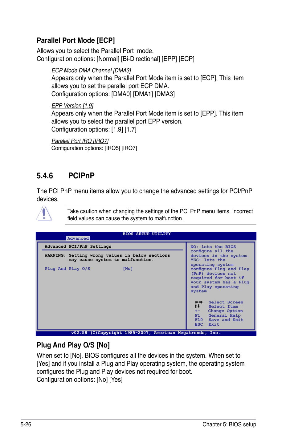 6 pcipnp, Parallel port mode [ecp, Plug and play o/s [no | Asus V3-P5G33 User Manual | Page 95 / 106