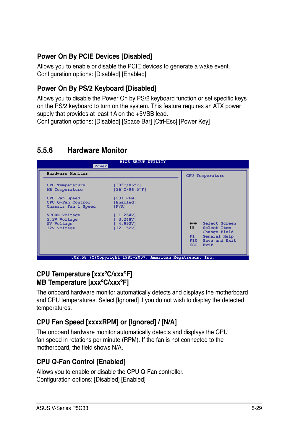 6 hardware monitor, Cpu q-fan control [enabled, Power on by pcie devices [disabled | Power on by ps/2 keyboard [disabled | Asus V3-P5G33 User Manual | Page 98 / 106