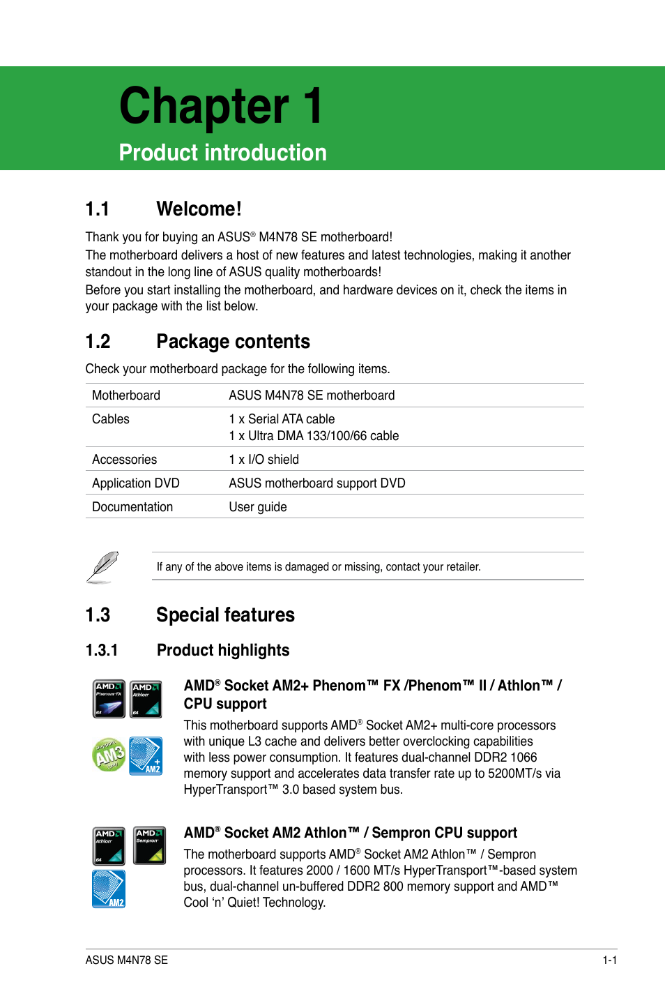 Chapter 1: product introduction, 1 welcome, 2 package contents | 3 special features, 1 product highlights, Product introductio, Welcome! -1, Package contents -1, Special features -1 1.3.1, Product highlights -1 | Asus M4N78 SE User Manual | Page 11 / 58