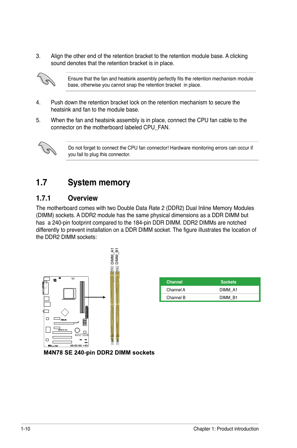 7 system memory, 1 overview, System memory -10 1.7.1 | Overview -10 | Asus M4N78 SE User Manual | Page 20 / 58