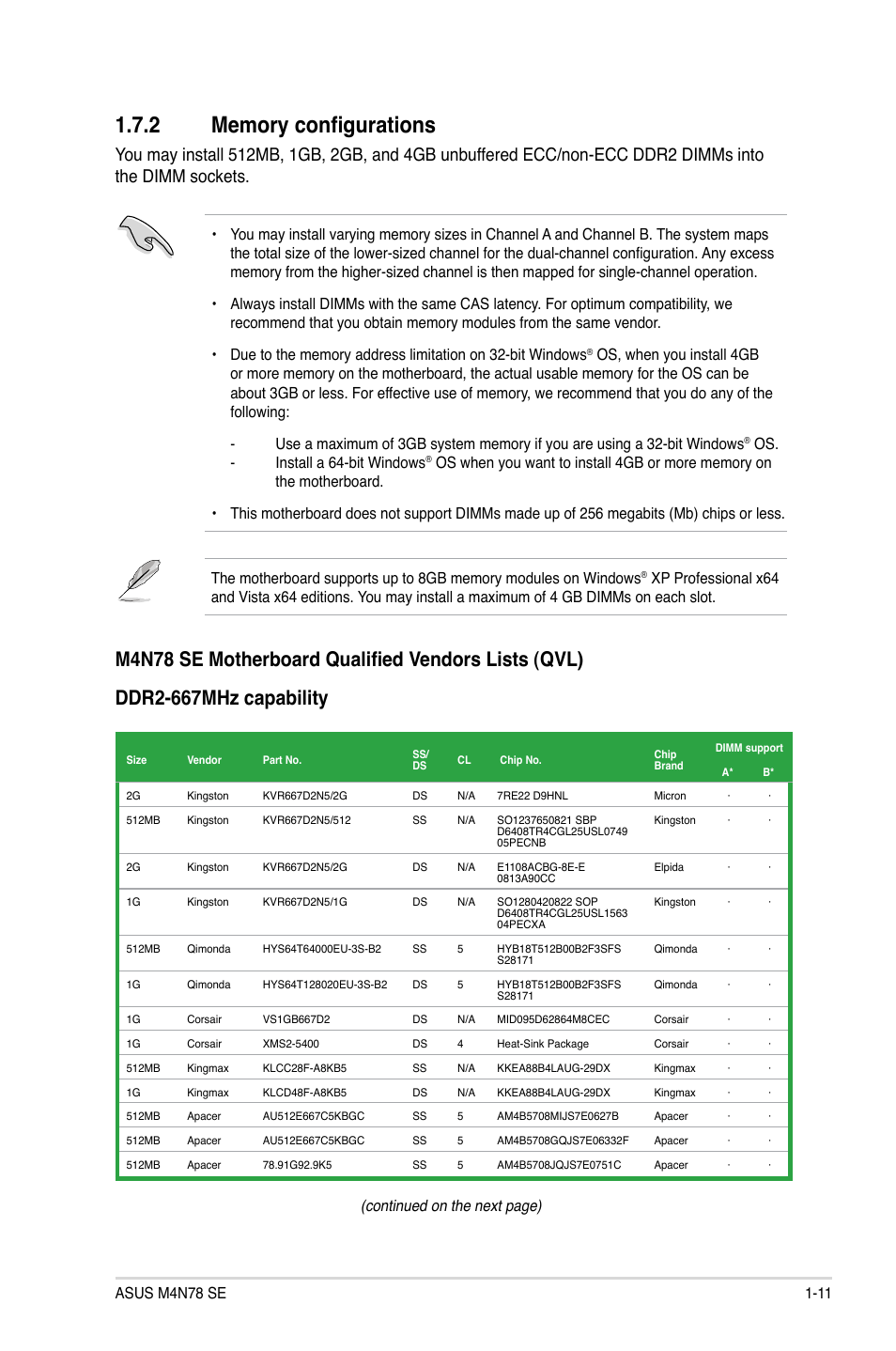 2 memory configurations, Memory configurations -11, M4n78 se motherboard qualified vendors lists (qvl) | Ddr2-667mhz capability, Continued on the next page) | Asus M4N78 SE User Manual | Page 21 / 58