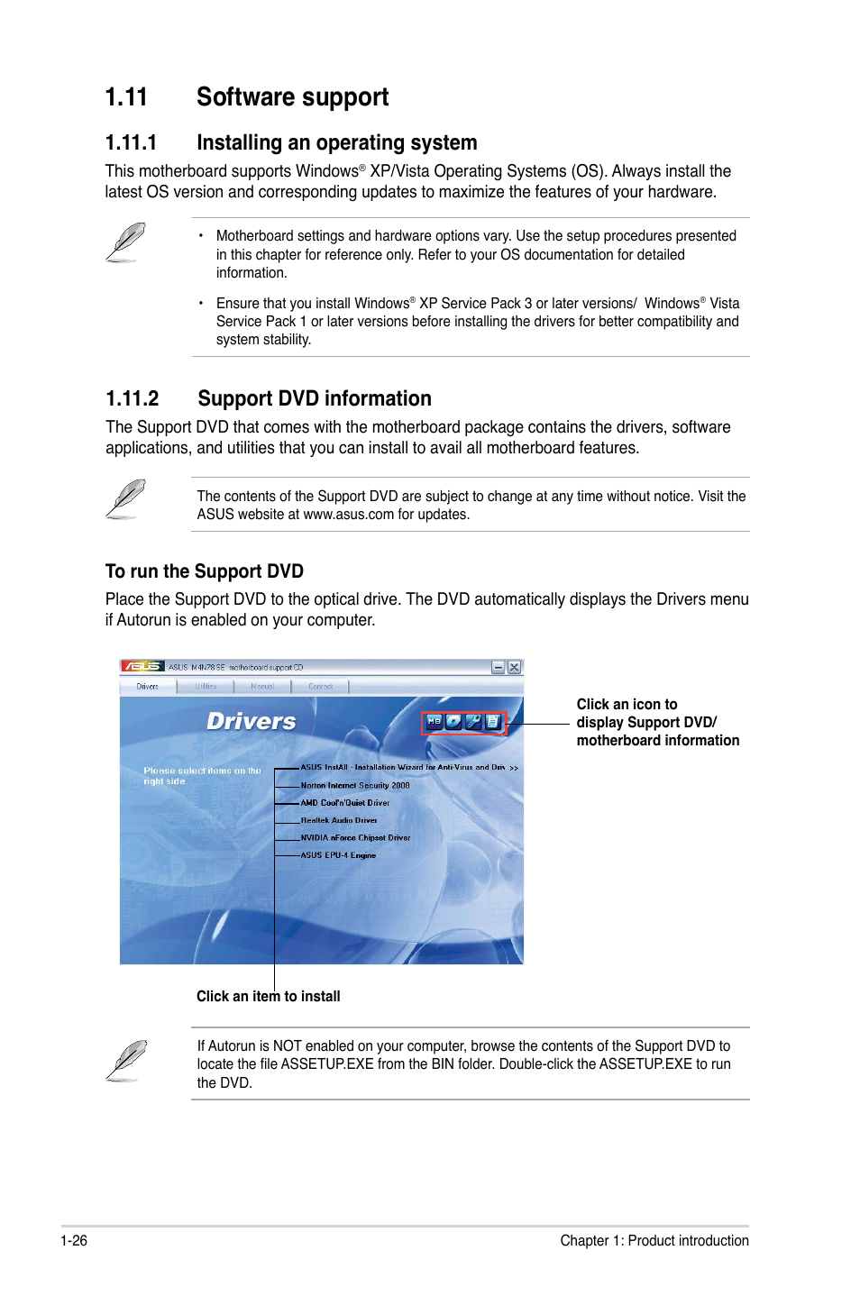 11 software support, 1 installing an operating system, 2 support dvd information | 11 software support -26 | Asus M4N78 SE User Manual | Page 36 / 58