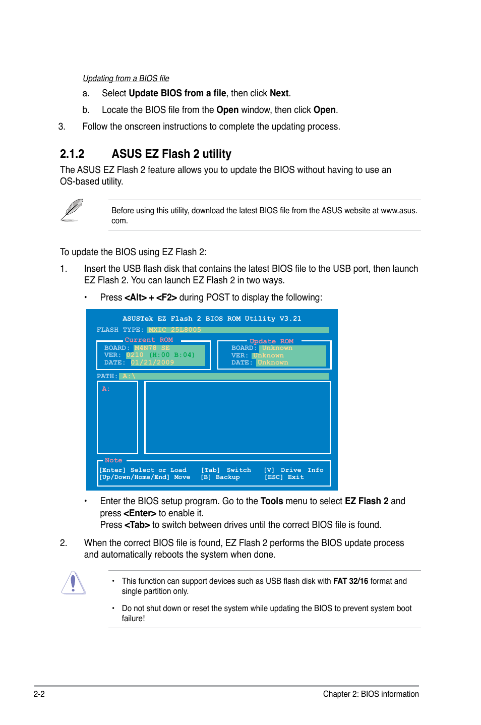 2 asus ez flash 2 utility, Asus ez flash 2 utility -2 | Asus M4N78 SE User Manual | Page 38 / 58