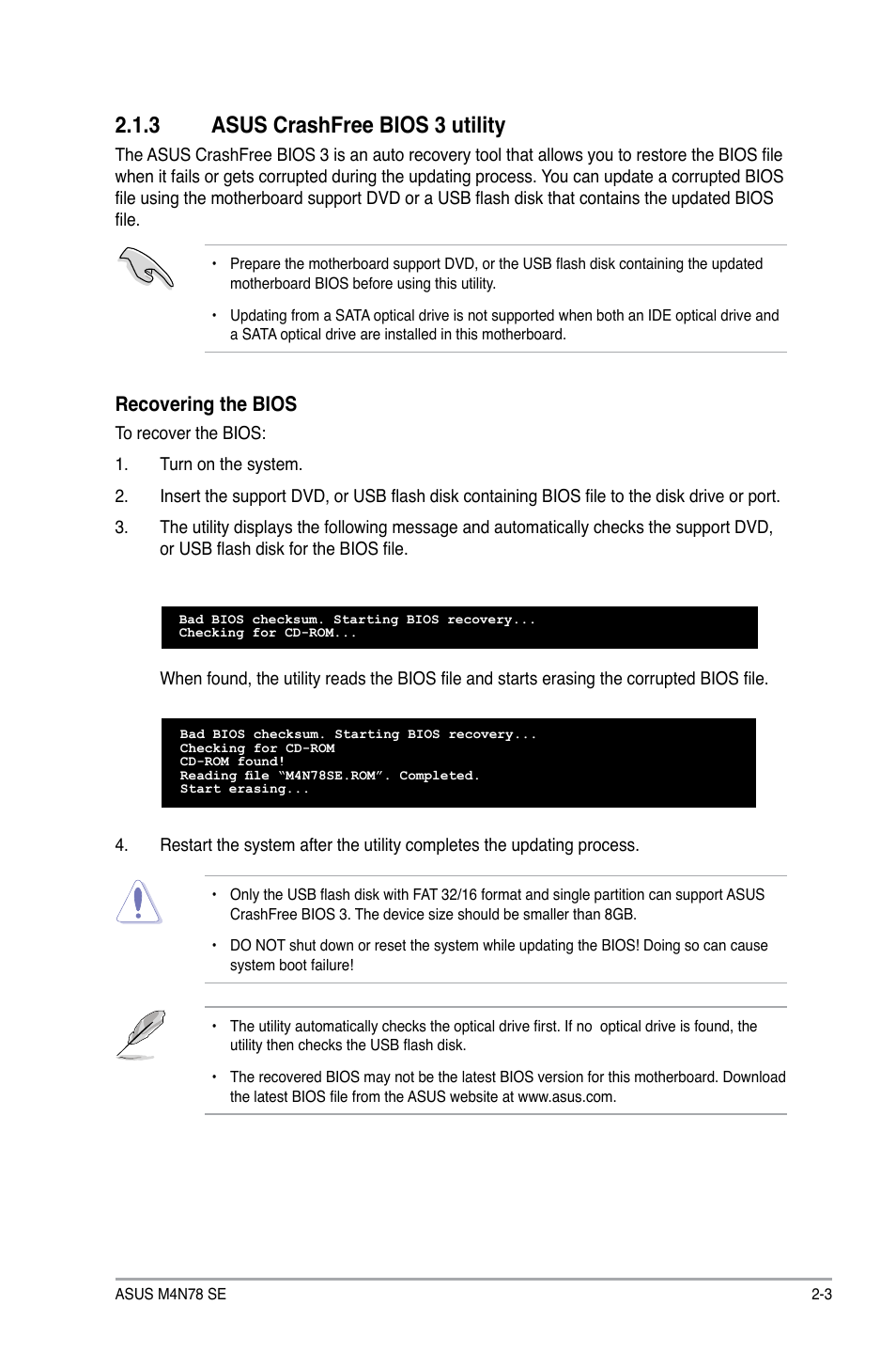 3 asus crashfree bios 3 utility, Asus crashfree bios 3 utility -3, Recovering the bios | Asus M4N78 SE User Manual | Page 39 / 58