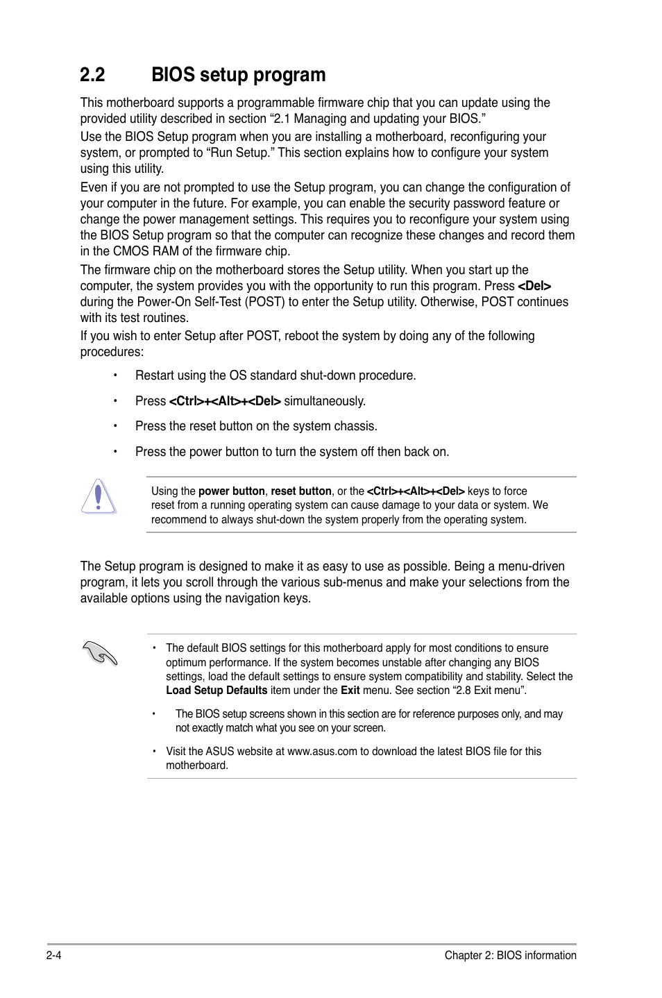 2 bios setup program, Bios setup program -4 | Asus M4N78 SE User Manual | Page 40 / 58