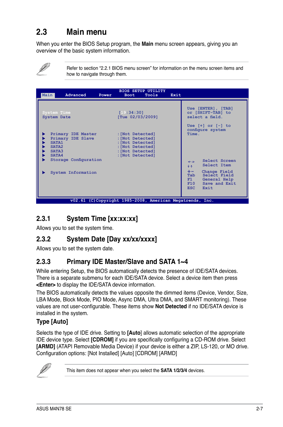 3 main menu, 1 system time [xx:xx:xx, 2 system date [day xx/xx/xxxx | 3 primary ide master/slave and sata 1~4, Main menu -7 2.3.1, System time -7, System date -7, Primary ide master/slave and sata 1~4 -7, Type [auto | Asus M4N78 SE User Manual | Page 43 / 58