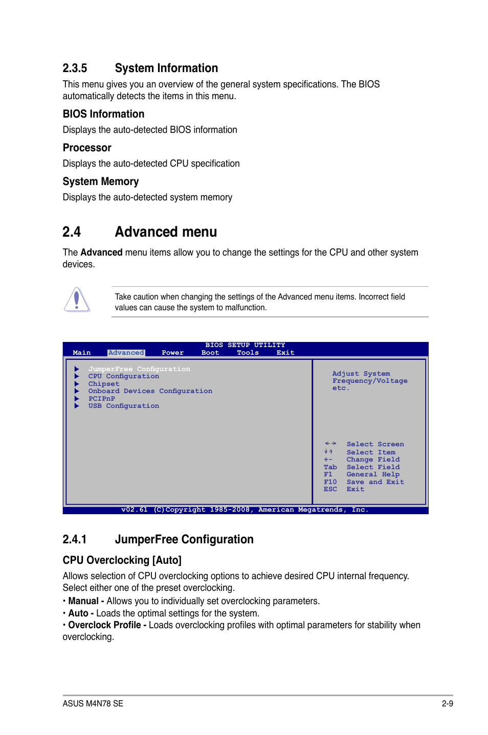 5 system information, 4 advanced menu, 1 jumperfree configuration | System information -9, Advanced menu -9 2.4.1, Jumperfree configuration -9, Bios information, Processor, Cpu overclocking [auto | Asus M4N78 SE User Manual | Page 45 / 58