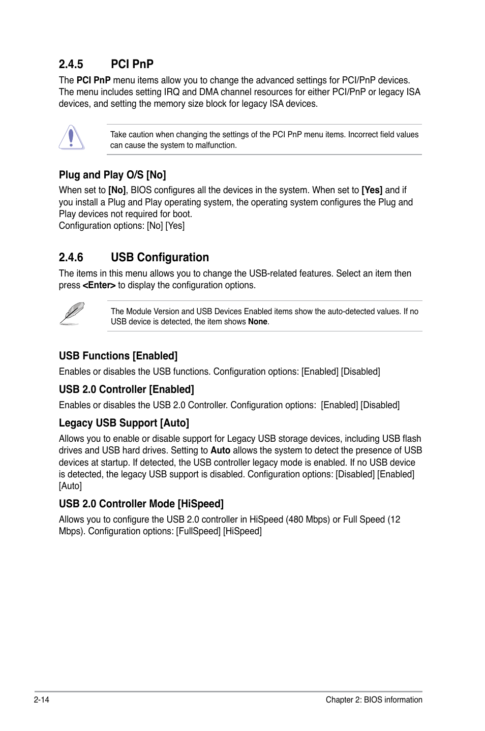 5 pci pnp, 6 usb configuration, Pci pnp -14 | Usb configuration -14 | Asus M4N78 SE User Manual | Page 50 / 58