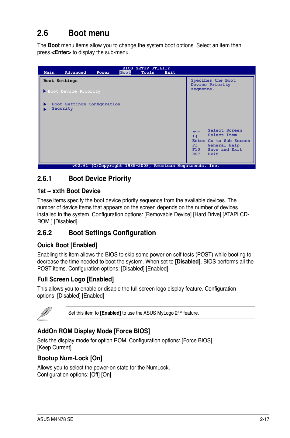 6 boot menu, 1 boot device priority, 2 boot settings configuration | Boot menu -17 2.6.1, Boot device priority -17, Boot settings configuration -17 | Asus M4N78 SE User Manual | Page 53 / 58