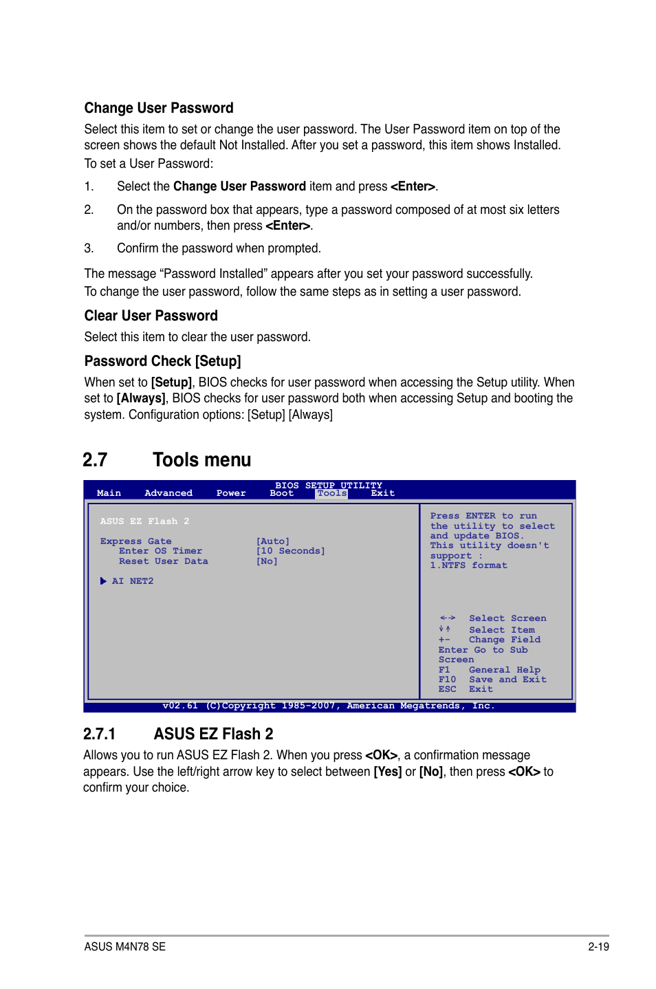 7 tools menu, 1 asus ez flash 2, Tools menu -19 2.7.1 | Asus ez flash 2 -19, Change user password, Clear user password, Password check [setup | Asus M4N78 SE User Manual | Page 55 / 58