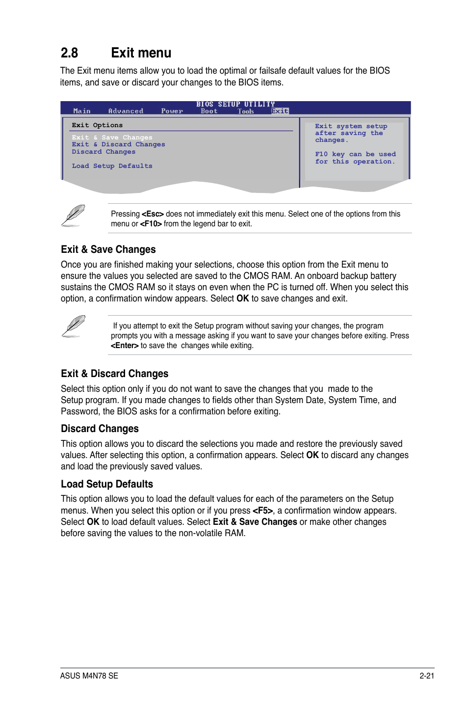 8 exit menu, Exit menu -21 | Asus M4N78 SE User Manual | Page 57 / 58