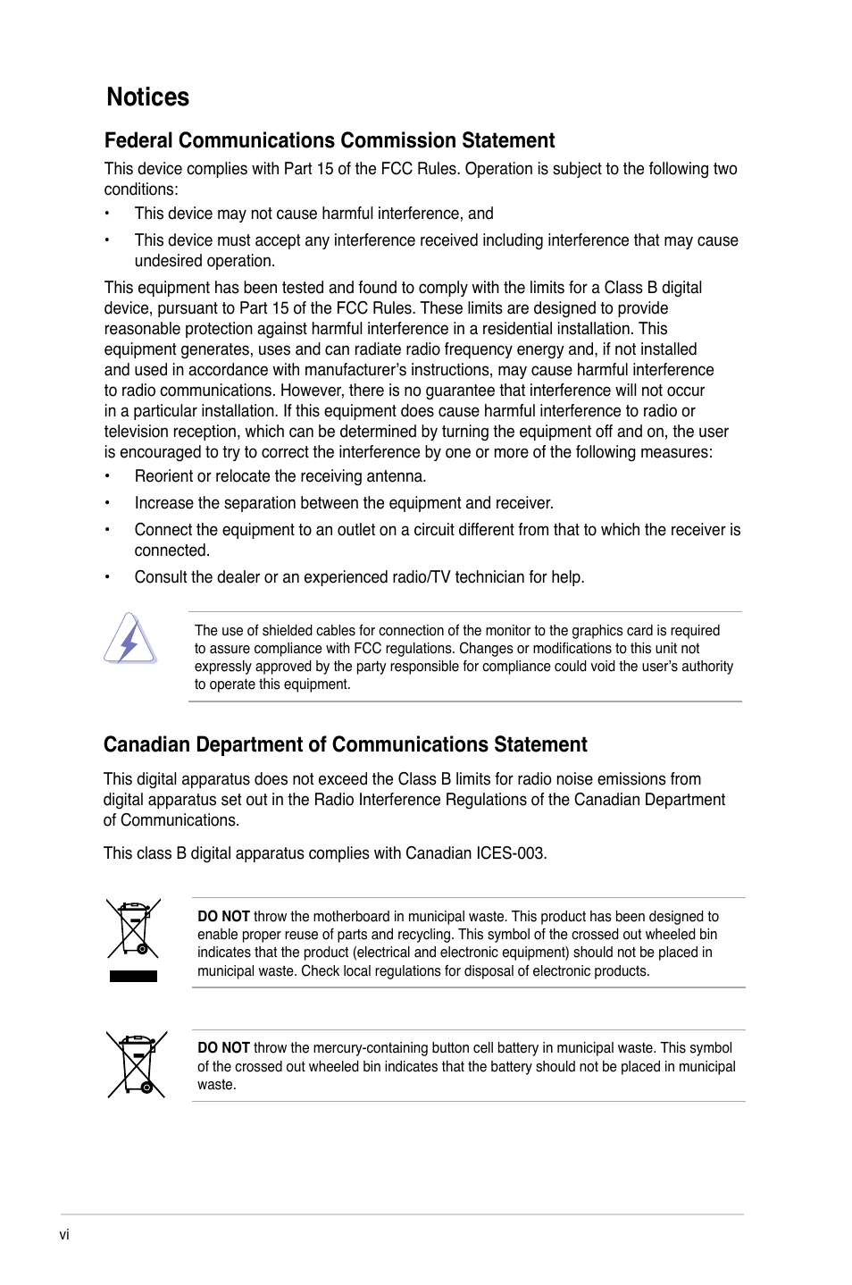 Notices, Federal communications commission statement, Canadian department of communications statement | Asus M4N78 SE User Manual | Page 6 / 58