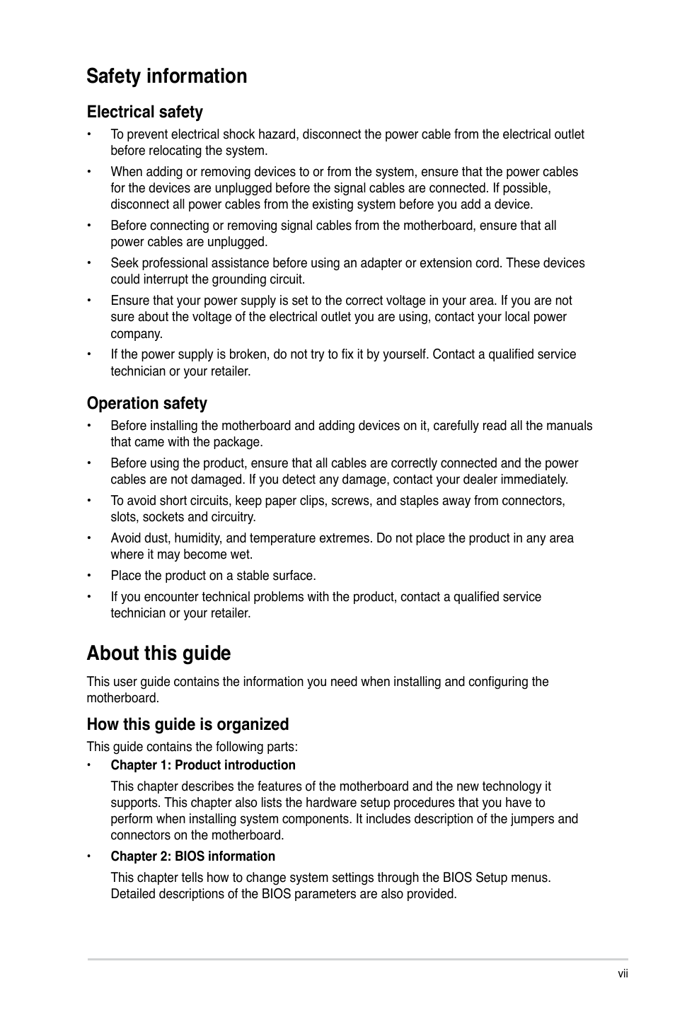 Safety information, About this guide, Electrical safety | Operation safety, How this guide is organized | Asus M4N78 SE User Manual | Page 7 / 58