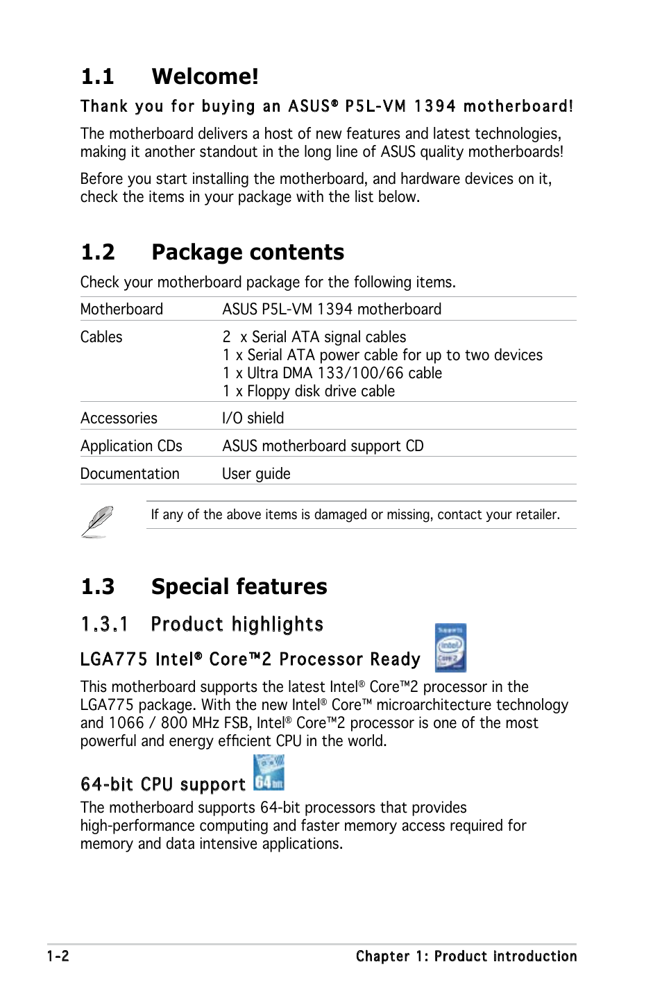 1 welcome, 2 package contents, 3 special features | 1 product highlights | Asus P5L-VM 1394 User Manual | Page 14 / 96