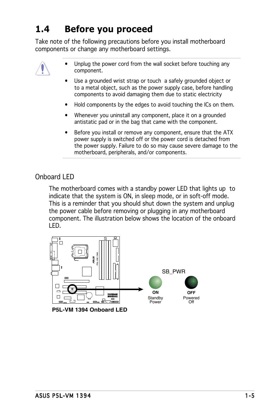 4 before you proceed, Onboard led | Asus P5L-VM 1394 User Manual | Page 17 / 96