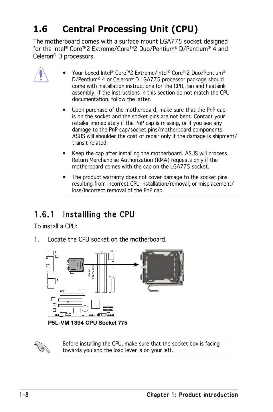 6 central processing unit (cpu), 1 installling the cpu | Asus P5L-VM 1394 User Manual | Page 20 / 96