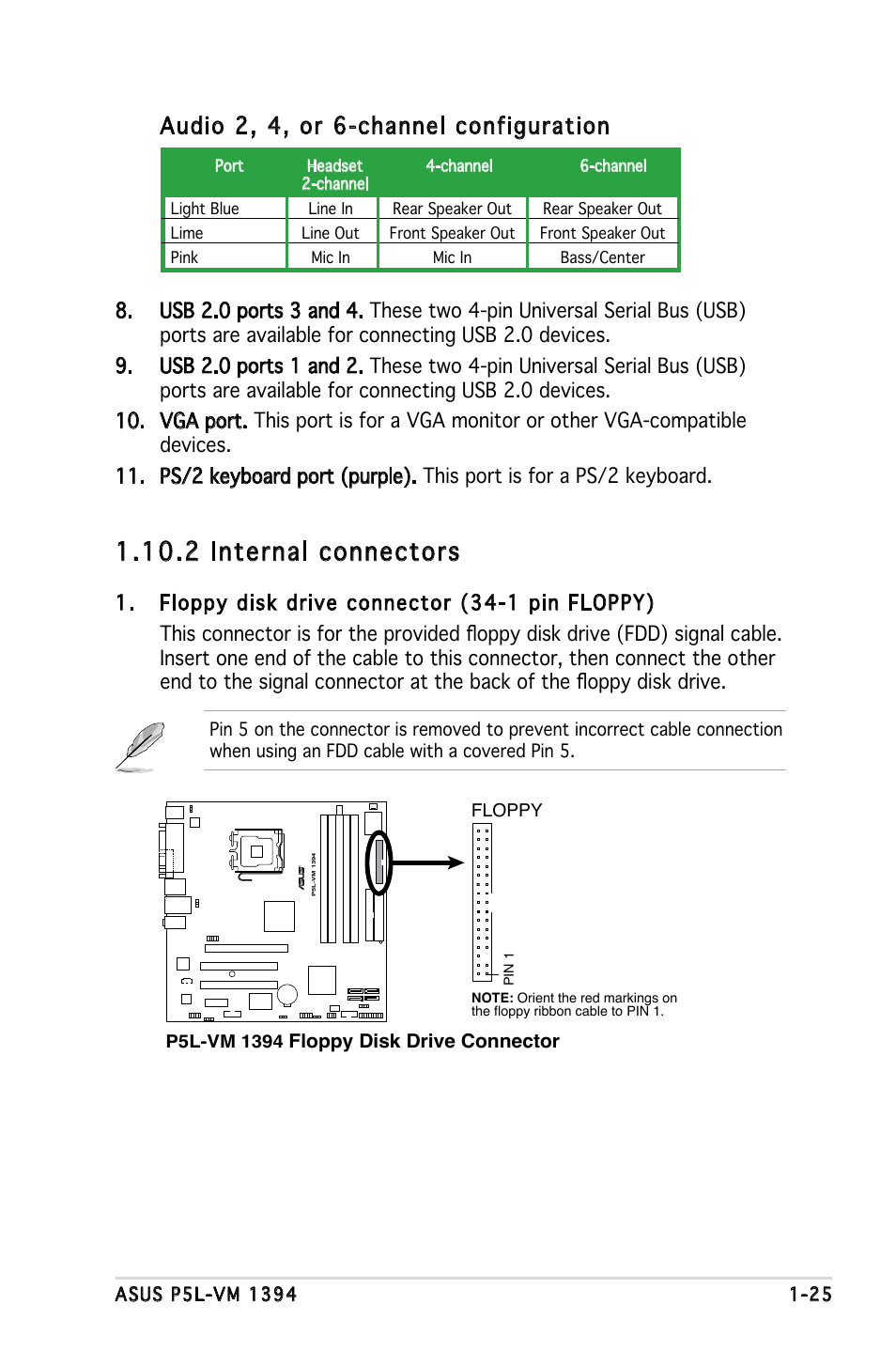 2 internal connectors, Audio 2, 4, or 6-channel configuration | Asus P5L-VM 1394 User Manual | Page 37 / 96