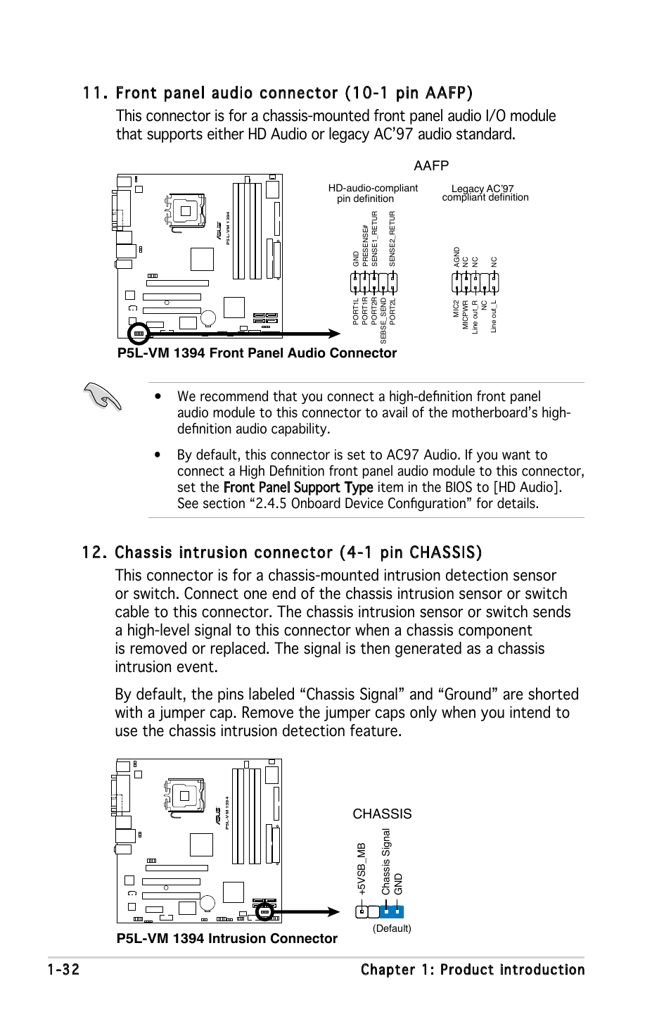 32 chapter 1: product introduction, Aafp | Asus P5L-VM 1394 User Manual | Page 44 / 96
