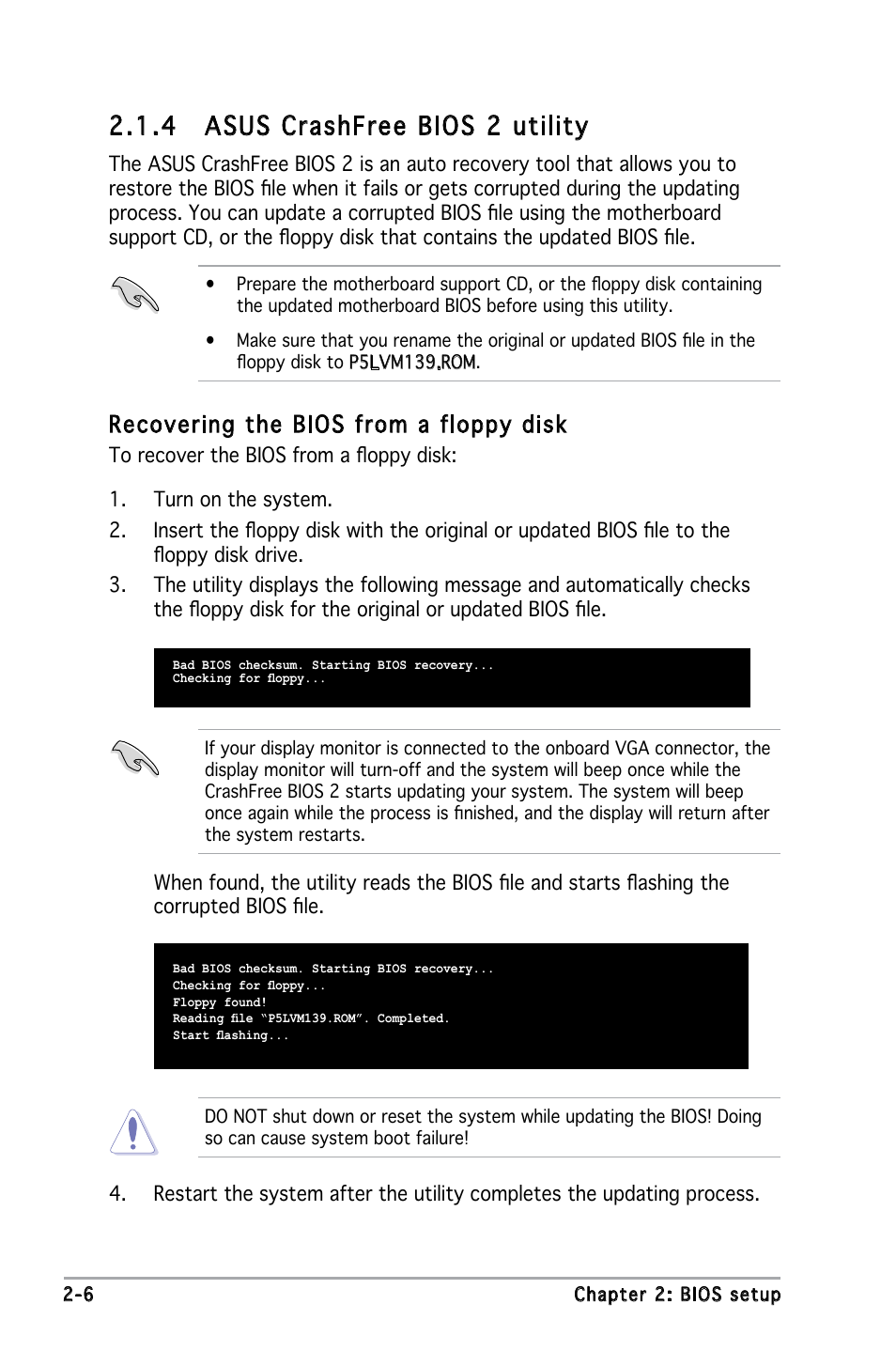 4 asus crashfree bios 2 utility, Recovering the bios from a floppy disk | Asus P5L-VM 1394 User Manual | Page 52 / 96