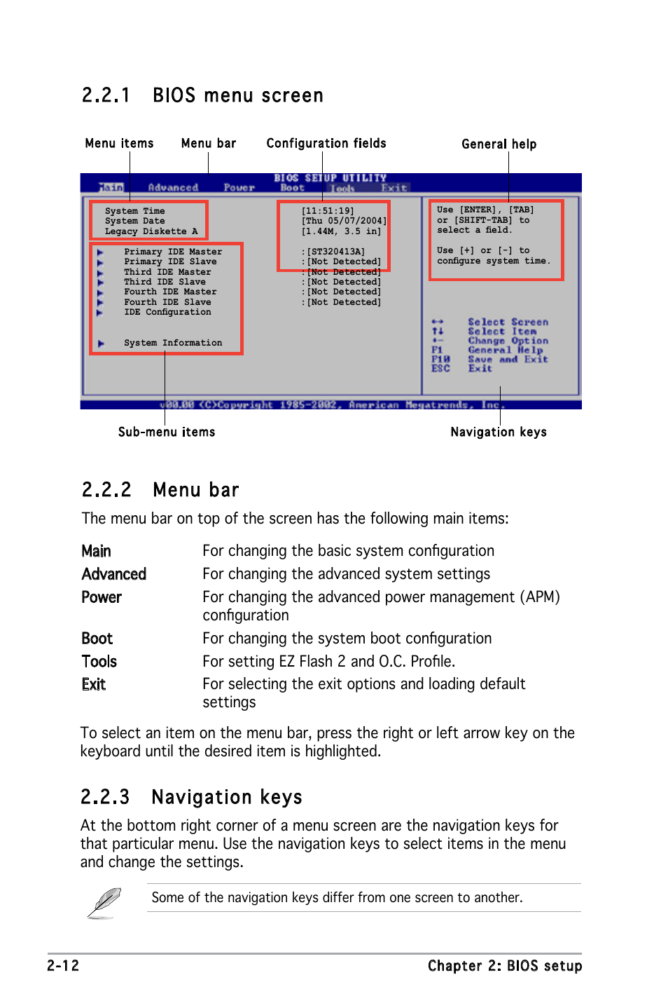 2 menu bar, 1 bios menu screen, 3 navigation keys | Asus P5L-VM 1394 User Manual | Page 58 / 96
