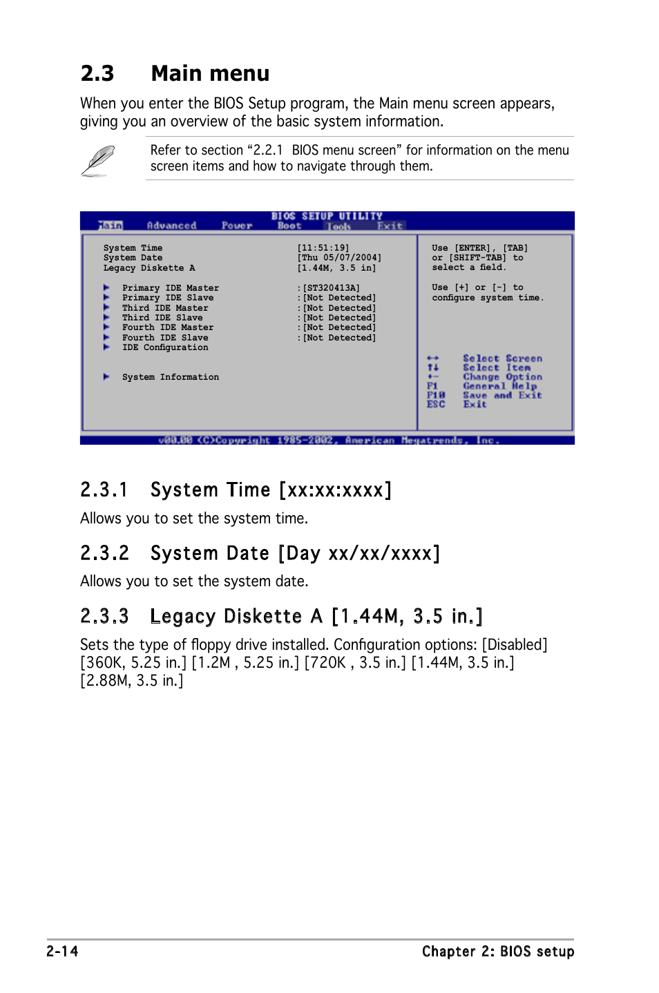 3 main menu, Allows you to set the system time, Allows you to set the system date | Asus P5L-VM 1394 User Manual | Page 60 / 96