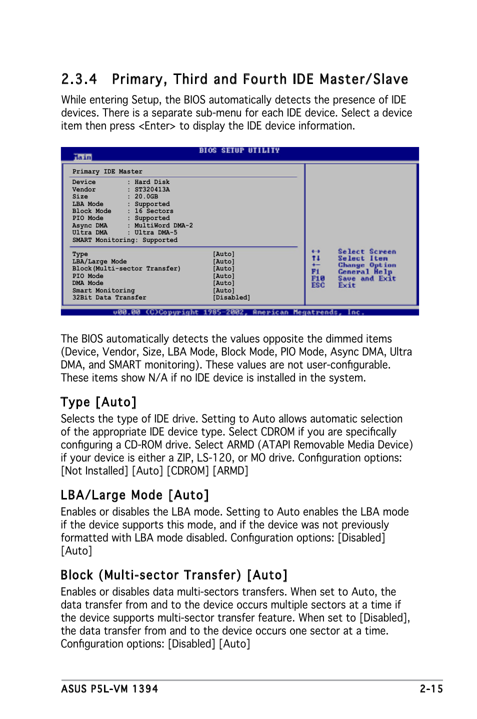 4 primary, third and fourth ide master/slave, Type [auto, Lba/large mode [auto | Block (multi-sector transfer) [auto | Asus P5L-VM 1394 User Manual | Page 61 / 96