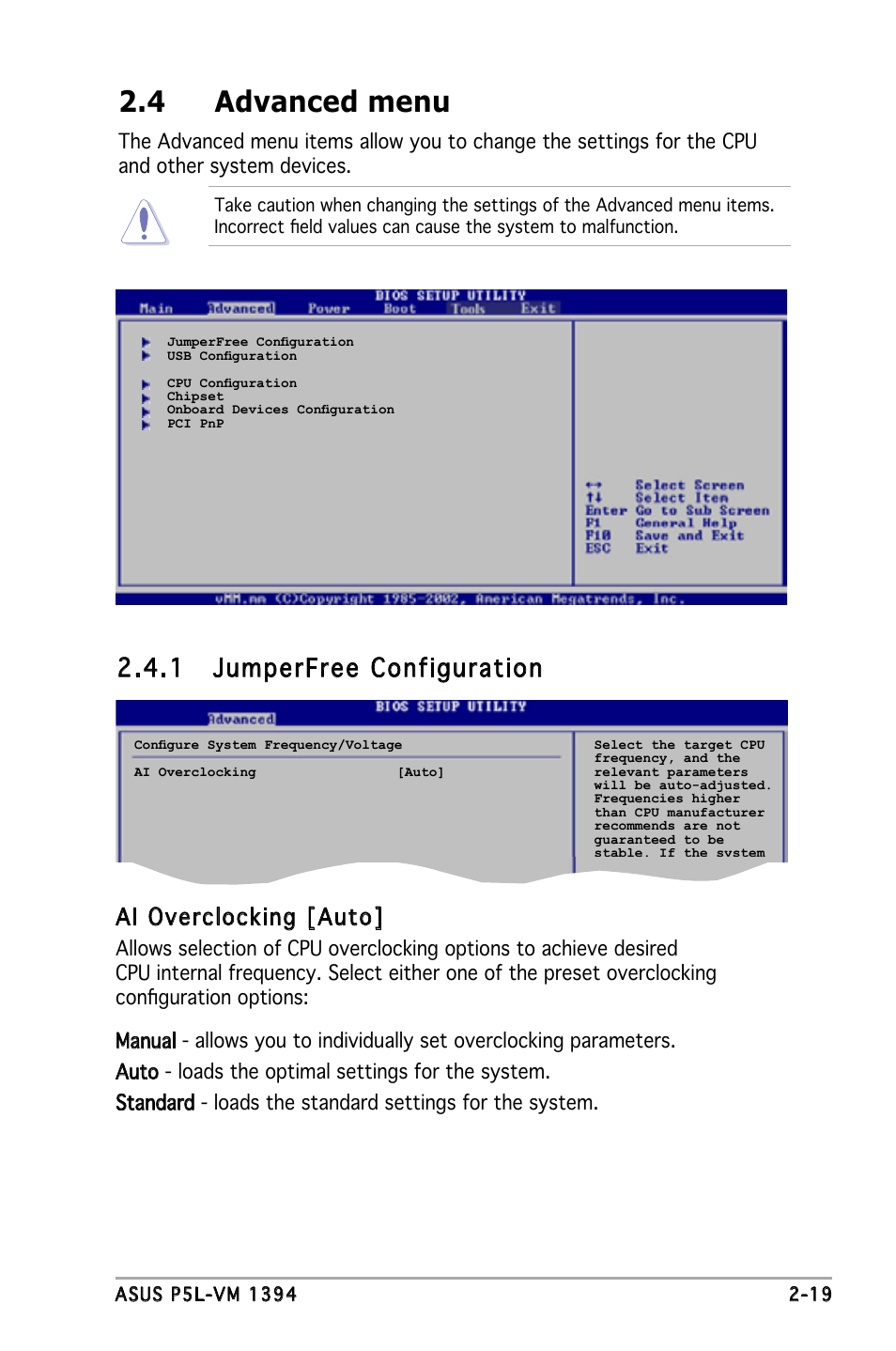 4 advanced menu, 1 jumperfree configuration, Ai overclocking [auto | Asus P5L-VM 1394 User Manual | Page 65 / 96