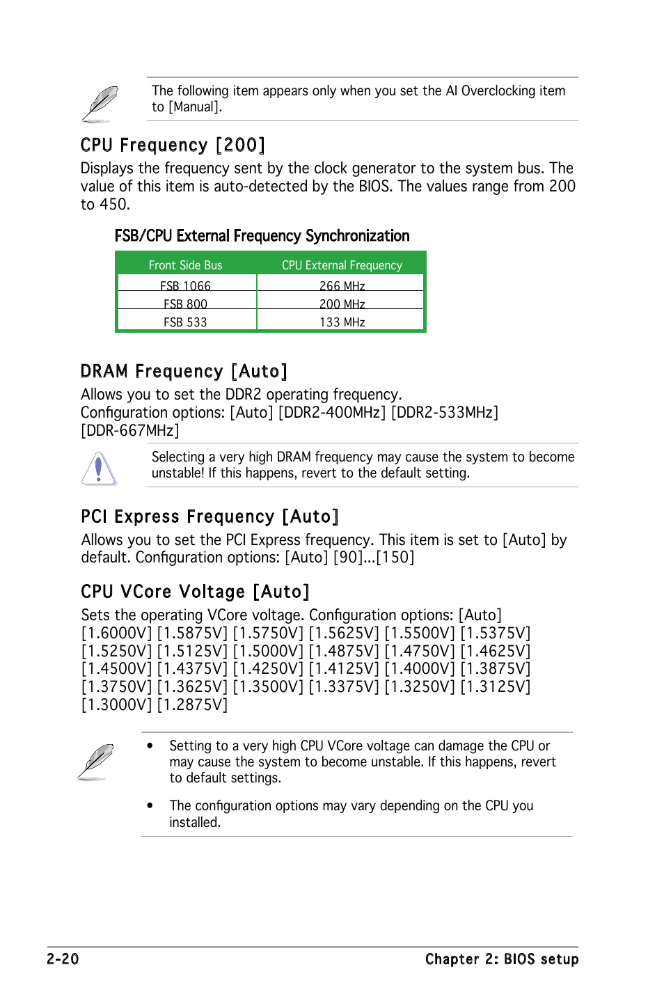 Dram frequency [auto, Cpu frequency [200, Pci express frequency [auto | Cpu vcore voltage [auto | Asus P5L-VM 1394 User Manual | Page 66 / 96